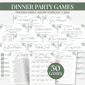 Op de afbeelding: Een verzameling printbare spelbladen voor een dinerfeest met titels zoals Dinner Party Left-Right Game, What's on Your Phone, Dinner Party Riddle Game, International Cuisine Trivia, Wine Trivia, Movie Quotes, Roll & Share, Think Fast, Friendly Feud, Would You Rather, Mix and Mingle Bingo en Emoji Game, allemaal versierd met groene eucalyptusbladillustraties.