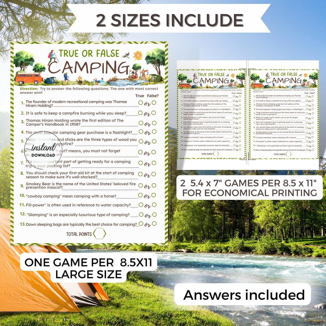 Camping Trivia Game, True or False Game, Fun Camping Game, Printable