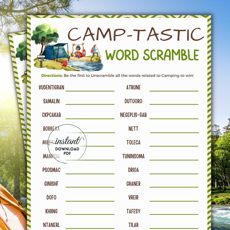 Camping Word Scramble Game, Camping Activities for Kids & Adults