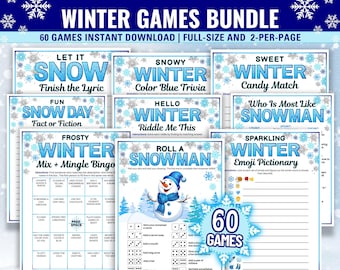 May include: A set of 60 printable winter-themed games for parties and gatherings. The games include "Let It Snow", "Snowy Winter", "Sweet Winter", "Fun Snow Day", "Hello Winter", "Who Is Most Like Snowman", "Frosty Winter", "Roll a Snowman", and "Sparkling Winter".