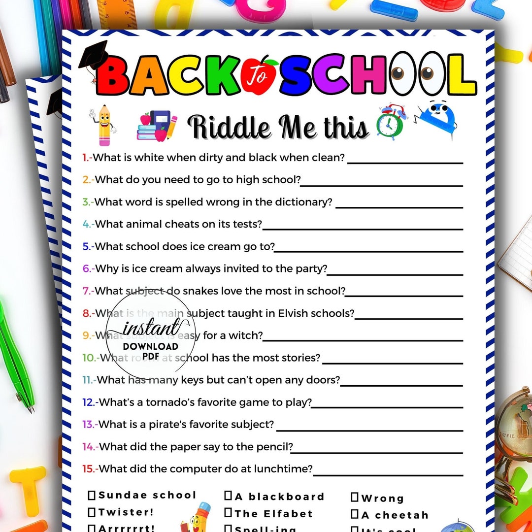 Back to School Riddles, Printable Back to School Game, First Day of
