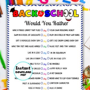 Back To School Would You Rather, Printable Back to School Game, First day of school game, Game for Kids, school would you rather, Icebreaker