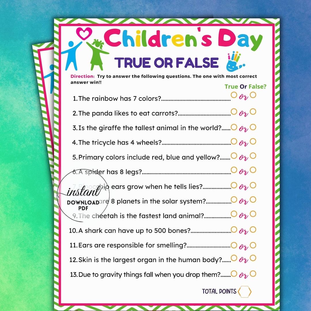 Children's Day Trivia Game, Kids Trivia, True or False Game, Kids Quiz ...