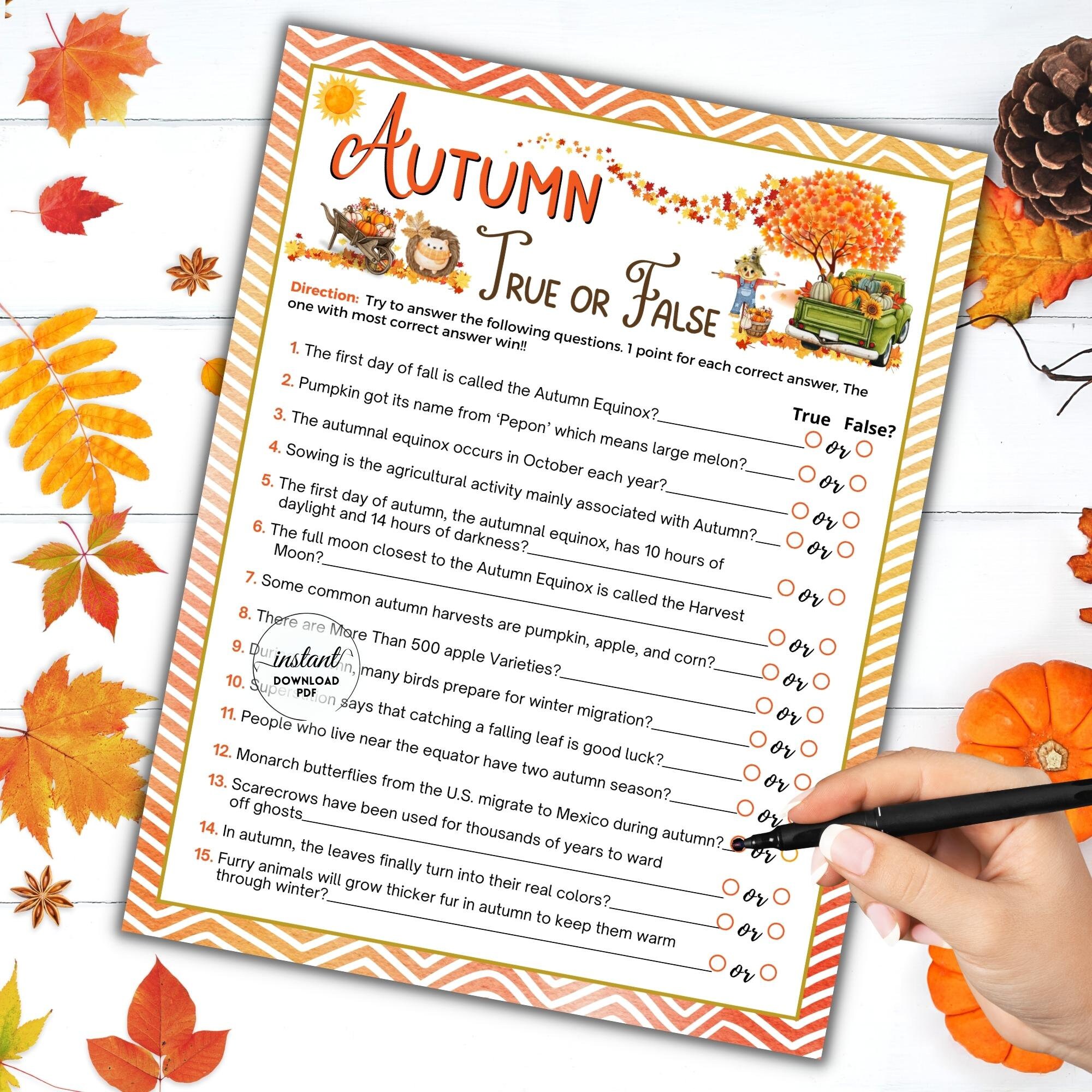 Autumn Trivia, True or False Questionnaire Game, Autumn Printable Game