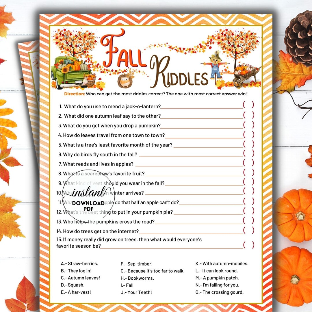 Fall RIDDLES Game, Autumn Printable Game, Fall Fun Activity for Kids
