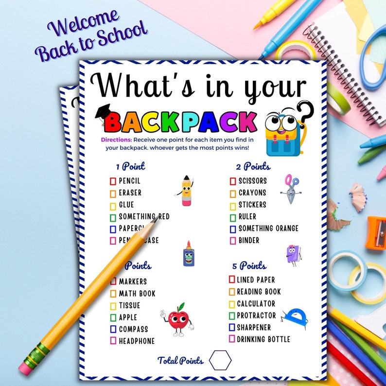 What's in Your Backpack, Printable Back to School Game, School