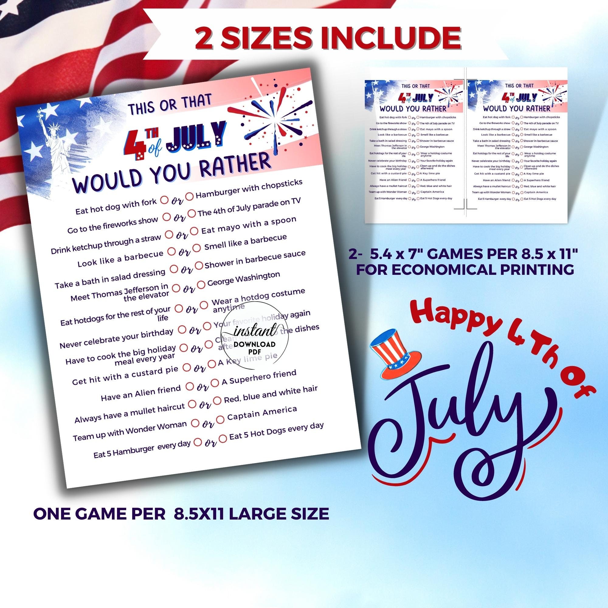 Fourth of July Would You Rather, Printable Fourth of July Game ...