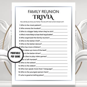 Questions-réponses sur la réunion de famille, jeu-questionnaire de groupe, jeu de famille captivant, anecdotes pour briser la glace, activités de jeu pour réunion de famille, impression de quiz en famille