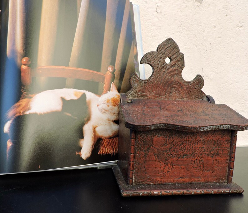 Kitchen Storage Box, Antique Wood Folk Art Box, Fifth Wedding