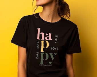 Koszulka damska Happy Saying - Koszulka damska czarna - 100% bawełna organiczna - Koszulka damska Happy - BT