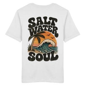 Unisex T-shirt with sea & palm tree back print, organic cotton, graphic surf tee, cream white, vintage surf shirt, gift for beach lovers image 13