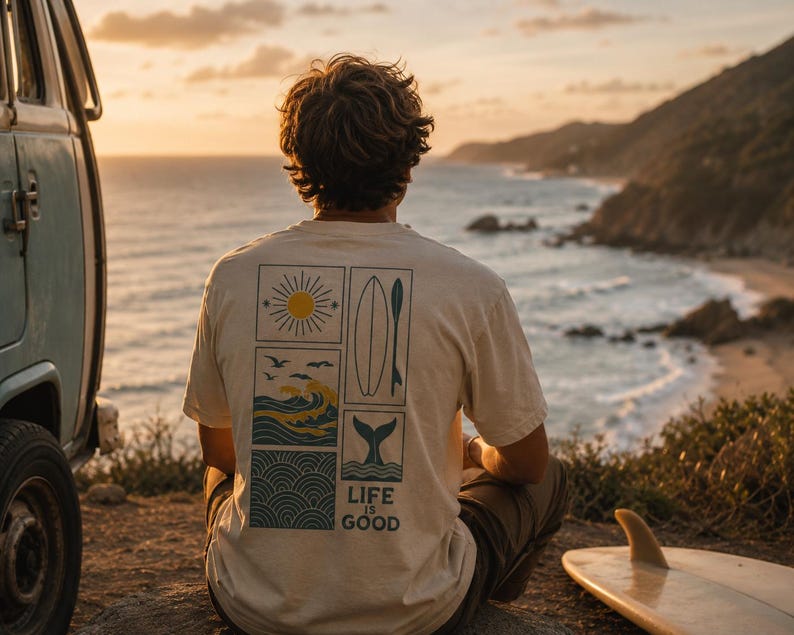 Pu&ograve; includere: Una t-shirt beige a maniche corte con una stampa grafica sul retro. Il design include quattro pannelli rettangolari che mostrano un sole giallo, una tavola da surf, una pagaia, onde oceaniche con uccelli e una coda di balena, con il testo "LIFE IS GOOD".