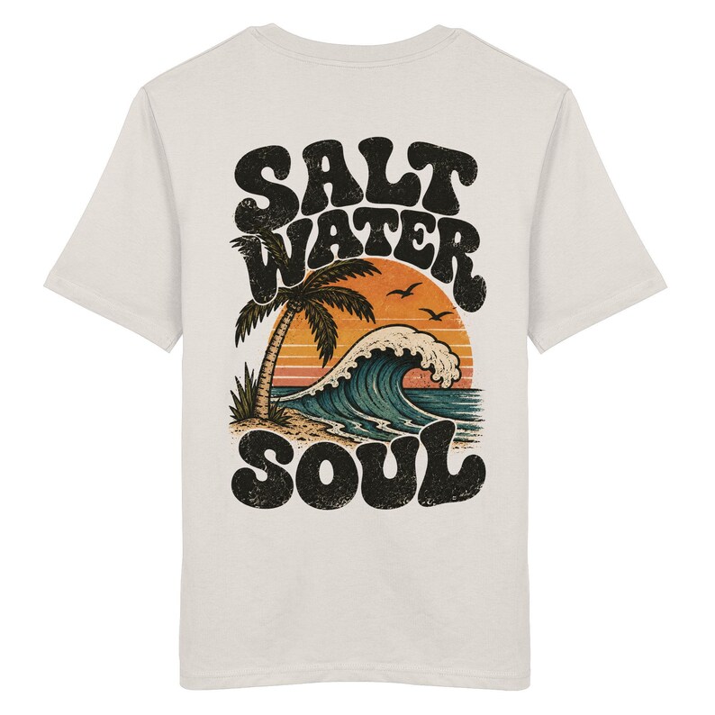 Unisex T-shirt with sea & palm tree back print, organic cotton, graphic surf tee, cream white, vintage surf shirt, gift for beach lovers image 12