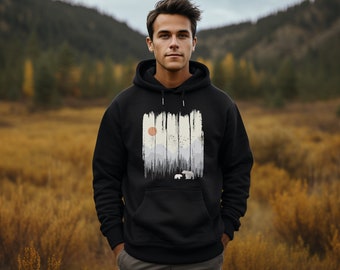 Herenhoodie "Beer in het bos" - Outdoorhoodie - Natuurmotief - Hoodie Unisex biologische hoodie