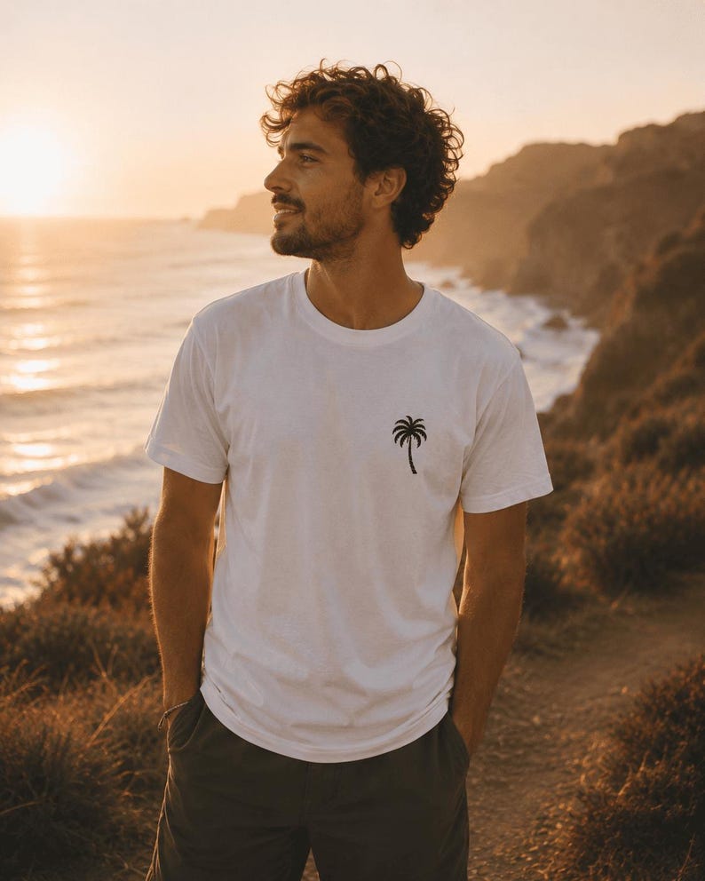 May include: White t-shirt with a black palm tree graphic. The short-sleeved shirt is made of a soft material. The person is standing outside near the ocean at sunset, wearing dark green shorts.