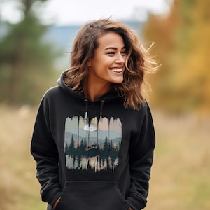 Organic women&#39;s hoodie sweatshirt deer - medium fit - outdoor print reindeer in the forest - hooded sweater black - hooded sweatshirt