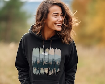 Women's Hoodie Sweatshirt Outdoor Print Reindeer in the forest - Adventure Hooded Sweater black - Unisex Organic Hoodie