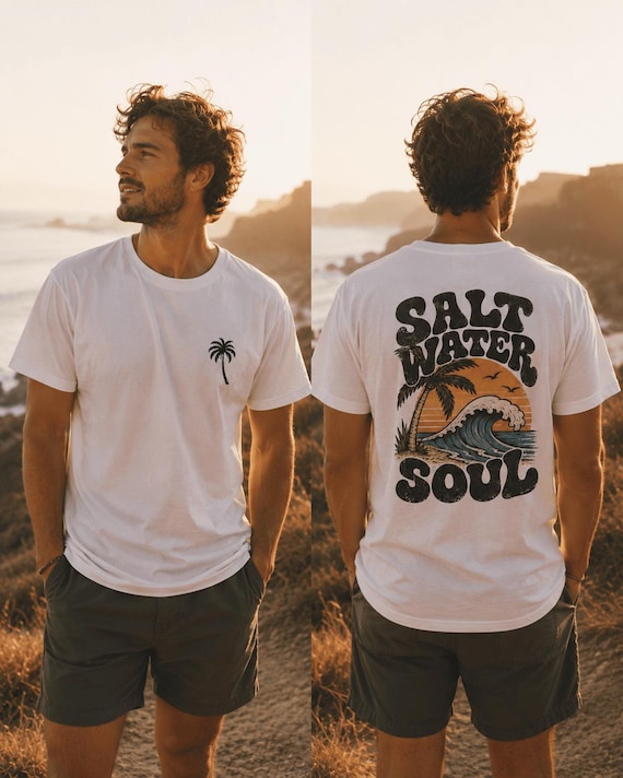 Unisex T-Shirt mit Meer & Palmen Rückenprint, Bio-Baumwolle, Grafik Surf Tee Cremeweiß, Vintage Surf-Shirt, Geschenk für Strandfans