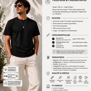 May include: A man wearing a black crew neck t-shirt and light-colored pants. The t-shirt is made of a soft material and has a classic fit. The image also includes text about the shirt's features and certifications.