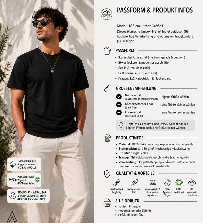 May include: A man wearing a black crew neck t-shirt and light-colored pants. The t-shirt is made of a soft material and has a classic fit. The image also includes text about the shirt's features and certifications.