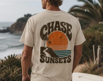 Men's T-Shirt Chase Sunsets - Heavy Cotton Beach Design with Palm Trees - Surfer