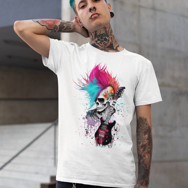 Herren T-Shirt "Punk Rock Style"  - Bunter Schädel mit E-Gitarre - Punk Shirt Scull with Guitar