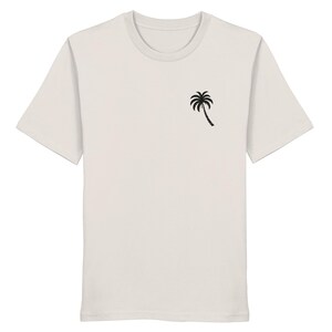 Unisex T-shirt with sea & palm tree back print, organic cotton, graphic surf tee, cream white, vintage surf shirt, gift for beach lovers Vintage White