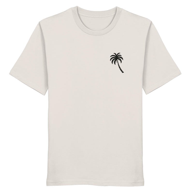 Unisex T-shirt with sea & palm tree back print, organic cotton, graphic surf tee, cream white, vintage surf shirt, gift for beach lovers Vintage White