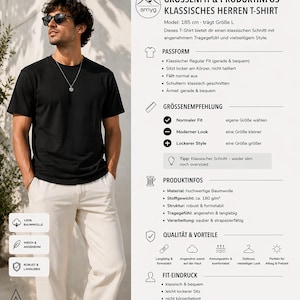 Pu&ograve; includere: Una t-shirt nera a maniche corte con scollo rotondo. L'immagine include una tabella dettagliata delle taglie e informazioni sul prodotto in tedesco, con specifiche come un peso del tessuto di 180 g/m&sup2; e 100% cotone.