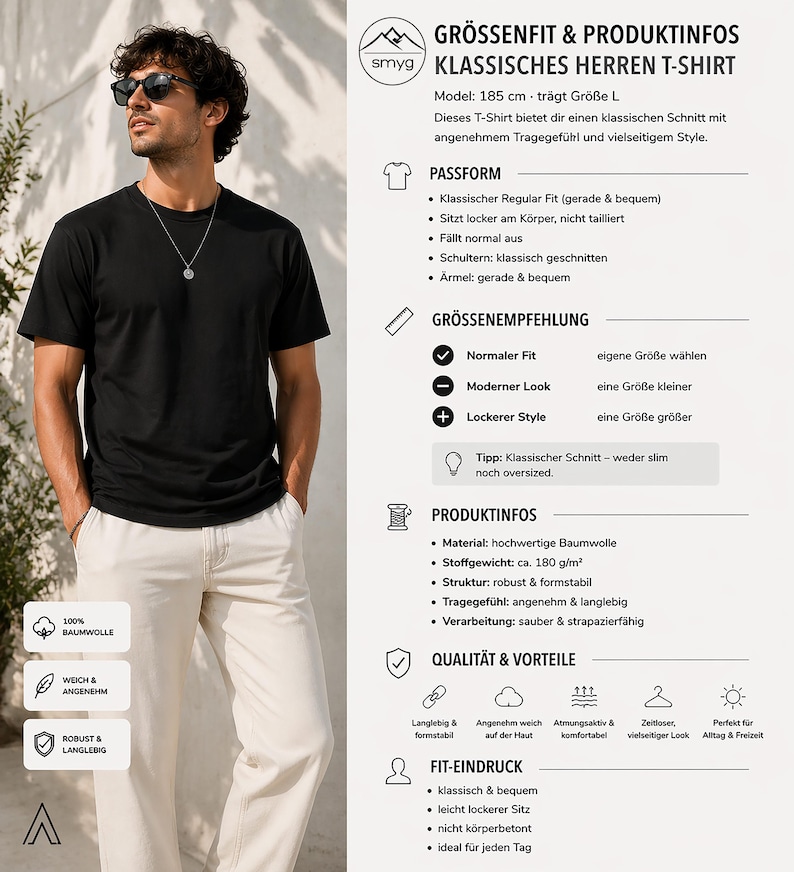 Pu&ograve; includere: Una t-shirt nera a maniche corte con scollo rotondo. L'immagine include una tabella dettagliata delle taglie e informazioni sul prodotto in tedesco, con specifiche come un peso del tessuto di 180 g/m&sup2; e 100% cotone.