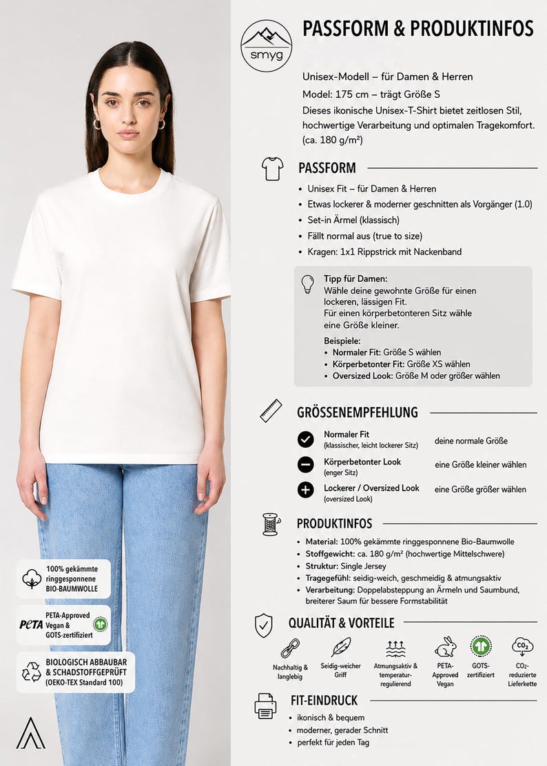 May include: A woman wearing a white unisex t-shirt. The shirt is made of 100% organic cotton and has a classic fit. The image also includes product information and sizing recommendations.