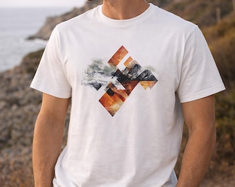 T-shirt da uomo con motivo geometrico di montagna e albero - 100% cotone biologico - Sostenibile - Per gli amanti della natura