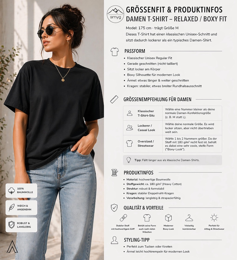 Pu&ograve; includere: Una t-shirt nera a maniche corte con scollo rotondo e vestibilit&agrave; ampia e squadrata, abbinata a jeans azzurri. L'immagine include una tabella informativa con testo che dettaglia le specifiche del prodotto, le taglie e la qualit&agrave;.