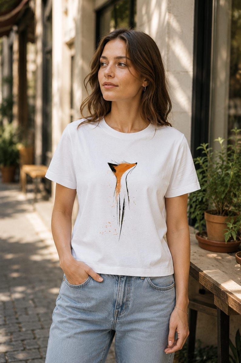 May include: A white short-sleeved t-shirt featuring a stylised graphic illustration of a fox head and neck in orange and black ink-wash style. The design is centred on the chest, showcasing a minimalist artistic depiction of the animal.