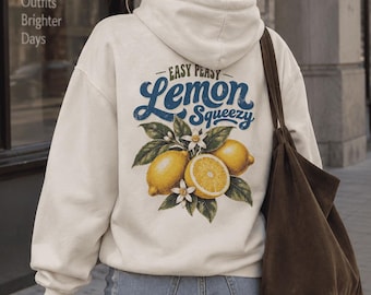 Women's Hoodie with Lemon Print, Classic Medium Fit Pullover, Organic Cotton, Easy Peasy Lemon Squeezy Back Print, Gift for Her