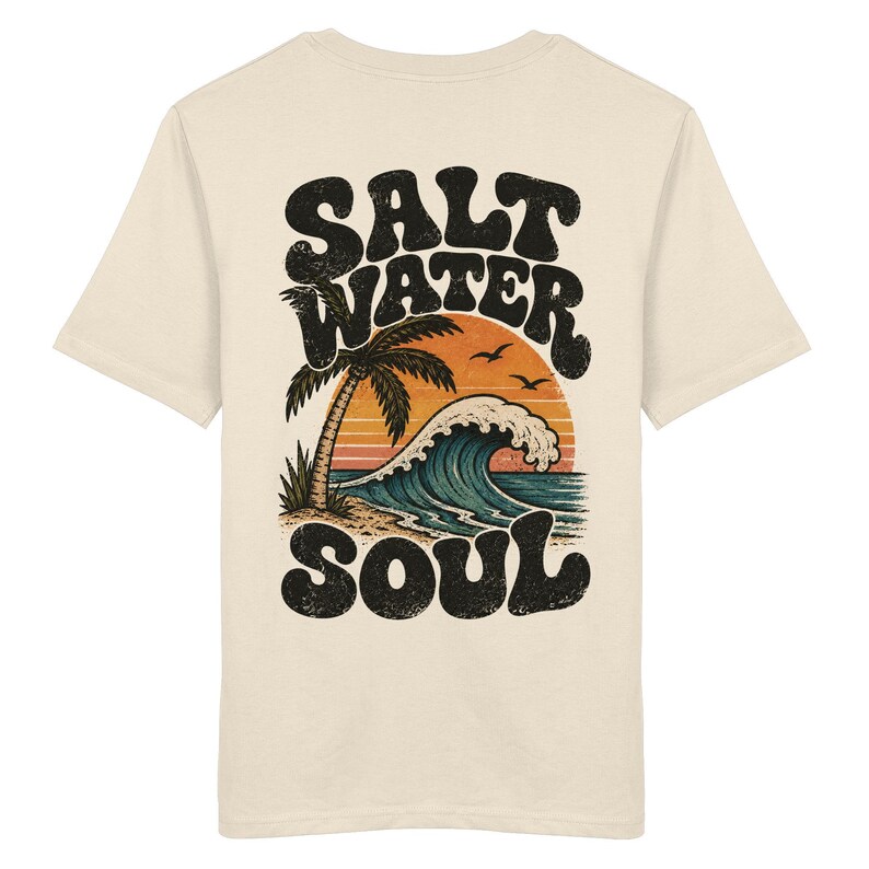 Unisex T-shirt with sea & palm tree back print, organic cotton, graphic surf tee, cream white, vintage surf shirt, gift for beach lovers image 11