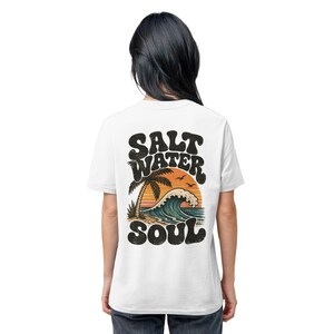 Unisex T-shirt with sea & palm tree back print, organic cotton, graphic surf tee, cream white, vintage surf shirt, gift for beach lovers image 16