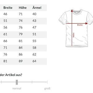 Pu&ograve; includere: Una tabella delle taglie per t-shirt con un diagramma di una maglietta bianca e frecce rosse che indicano larghezza e altezza. Una tabella elenca le taglie dalla S alla 5XL con i valori numerici per larghezza, altezza e manica in cm.