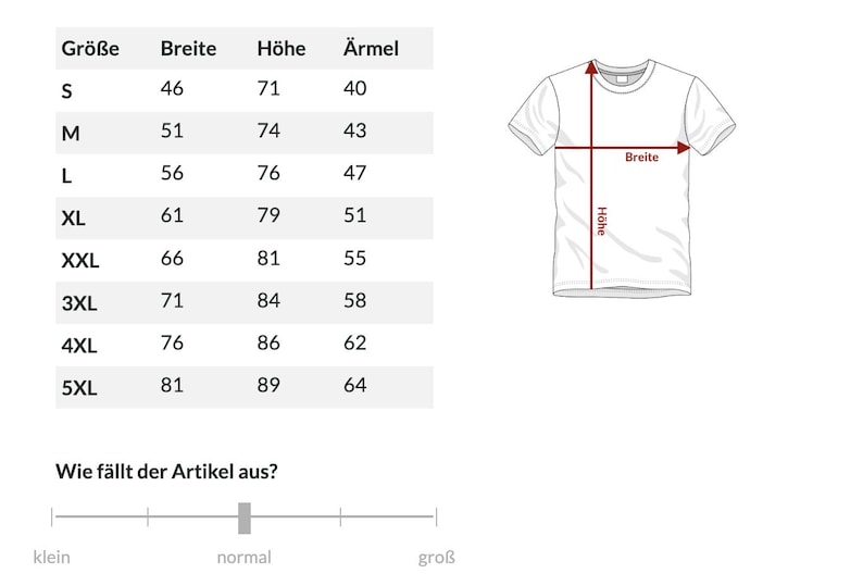 Pu&ograve; includere: Una tabella delle taglie per t-shirt con un diagramma di una maglietta bianca e frecce rosse che indicano larghezza e altezza. Una tabella elenca le taglie dalla S alla 5XL con i valori numerici per larghezza, altezza e manica in cm.