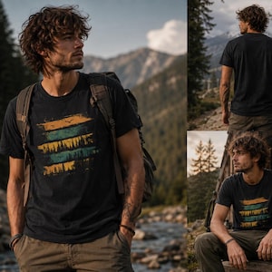 Könnte beinhalten: Schwarzes T-Shirt mit einem Naturmotiv. Das Design zeigt horizontale Farbstreifen in Gold, Türkis und Hellblau, mit Silhouetten von Bäumen und Vögeln. Das Shirt wird mit einer khakifarbenen Hose und einem Rucksack kombiniert.