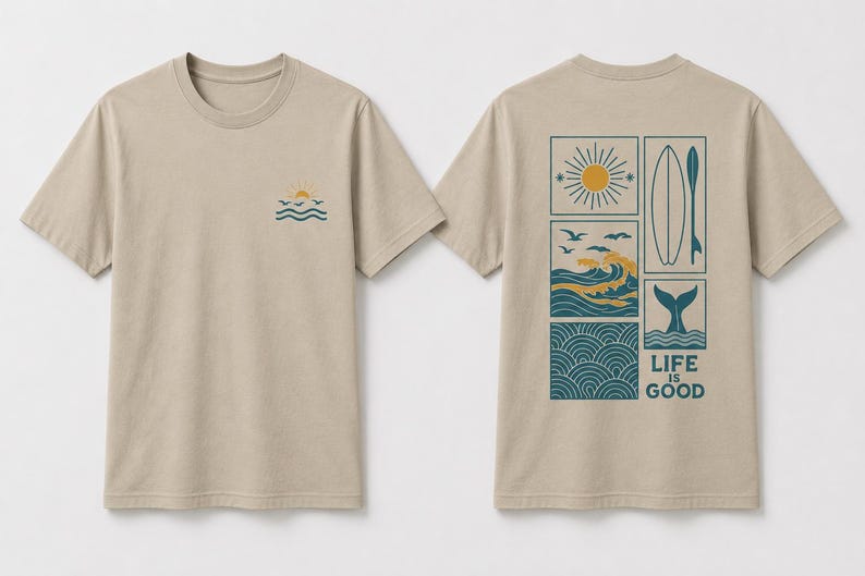 Pu&ograve; includere: Una t-shirt beige a maniche corte con una piccola grafica di un sole e onde sul petto sinistro. Il retro mostra una grande griglia rettangolare contenente un sole, una tavola da surf, onde oceaniche, uccelli e una coda di balena con il testo LIFE IS GOOD.