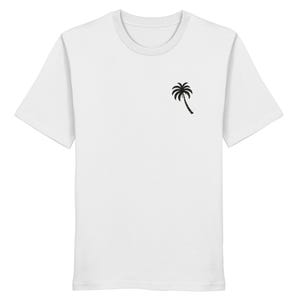 Unisex T-shirt with sea & palm tree back print, organic cotton, graphic surf tee, cream white, vintage surf shirt, gift for beach lovers White