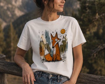 Women's T-shirt with fox print, white boxy crop tee, organic cotton, abstract grunge mountain shirt, nature & outdoor gift for her