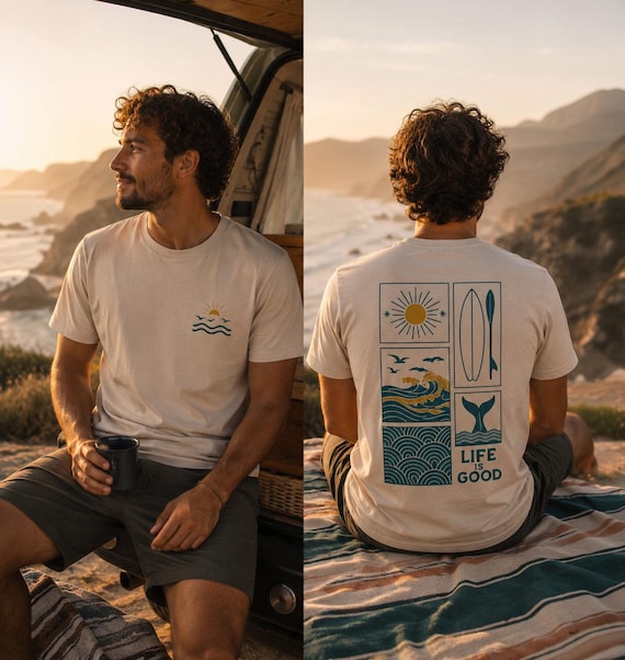 Organic Herren T-Shirt Retro Surf – Life Is Good – 100% Baumwolle – Sommermode