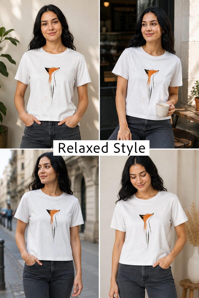 May include: A white short-sleeve t-shirt featuring a stylised orange and black fox head graphic on the chest. The design includes abstract brushstroke details extending downwards from the fox. The text Relaxed Style is centred in the image.