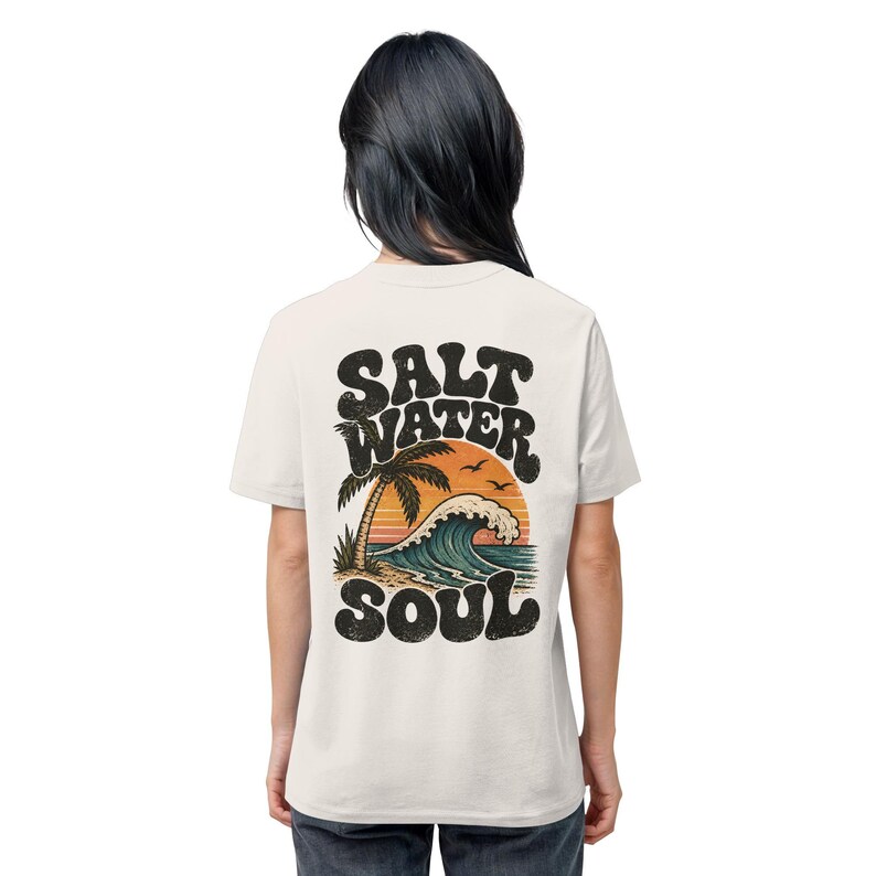 Unisex T-shirt with sea & palm tree back print, organic cotton, graphic surf tee, cream white, vintage surf shirt, gift for beach lovers image 15
