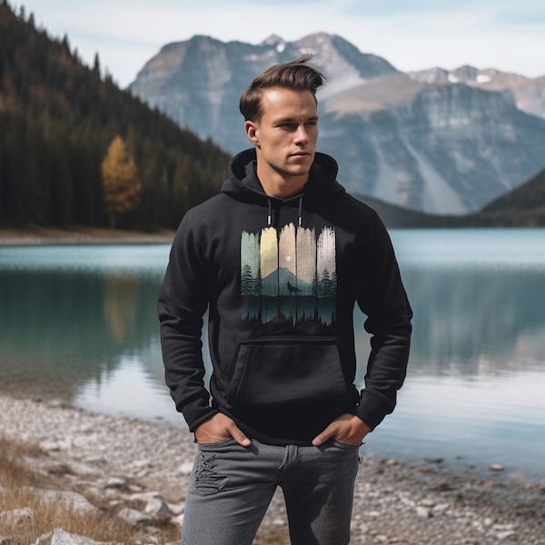 Herren Hoodie Sweatshirt Outdoor Print "wolf in the forest" - Adventure  Kapuzen Pullover schwarz  - Unisex Organic Hoodie