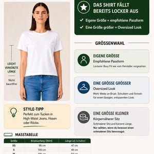 May include: A white short-sleeved t-shirt with a boxy fit and a slightly cropped length. The infographic displays a size guide with a table listing chest and length measurements in centimetres, alongside icons for GOTS, Oeko-Tex, and Peta-Approved Vegan certifications.