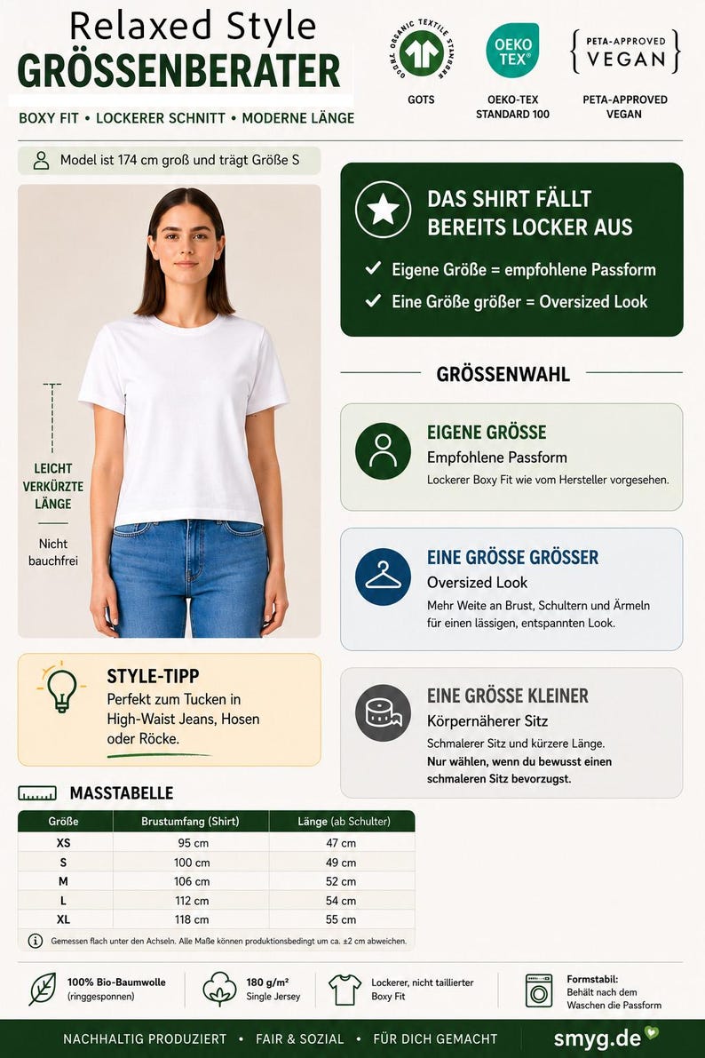 May include: A white short-sleeved t-shirt with a boxy fit and a slightly cropped length. The infographic displays a size guide with a table listing chest and length measurements in centimetres, alongside icons for GOTS, Oeko-Tex, and Peta-Approved Vegan certifications.