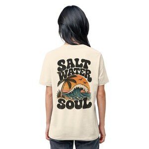 Unisex T-shirt with sea & palm tree back print, organic cotton, graphic surf tee, cream white, vintage surf shirt, gift for beach lovers Natural Raw